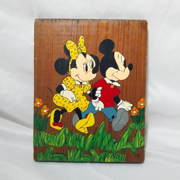 Vtg Mickey Minnie Mouse Hand Painted Wooden Wall Art Picture Plaque 9
